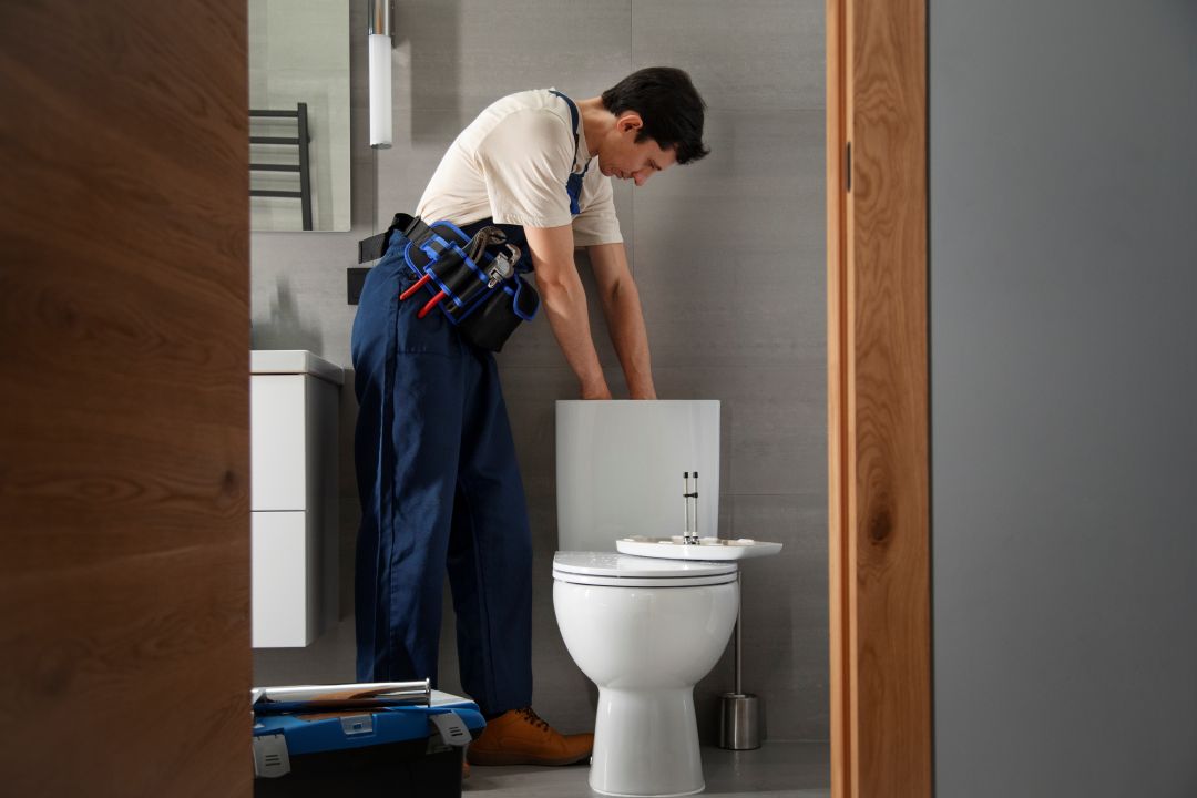 Plumber clearing blocked toilets, sinks and drains